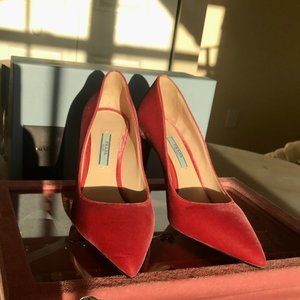 New! Prada Cherry Red Velvet Pumps Heels
